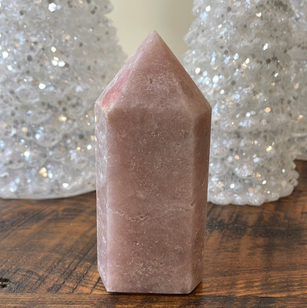 Pink Amethyst druzy tower, showcasing delicate crystalline formations in a soothing hue for a truly enchanting natural beauty.