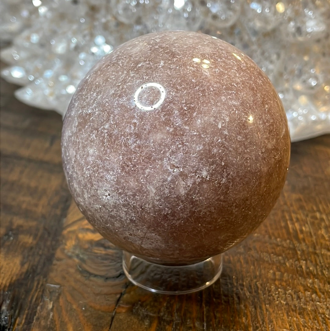 Pink Amethyst Druzy Sphere, a radiant and enchanting crystal ball showcasing delicate crystalline formations in soothing pink tones.