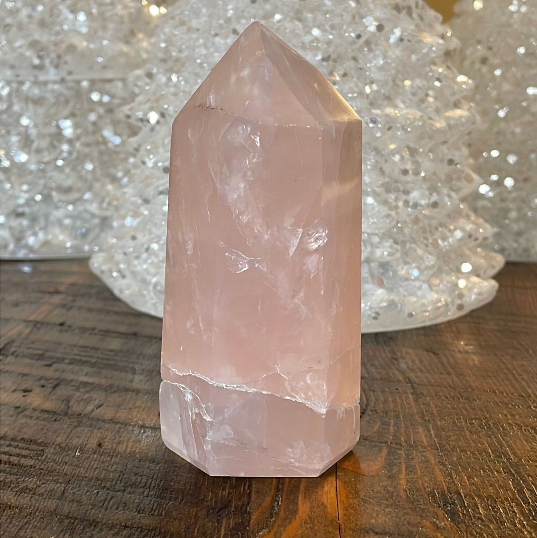Elegant Rose Quartz tower, featuring soft pink tones and a graceful crystal formation for a serene and enchanting aesthetic