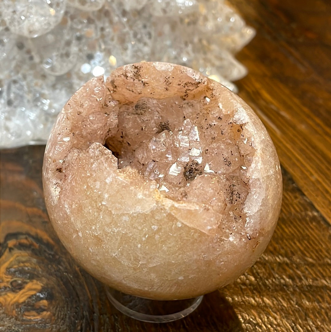 Pink Amethyst Druzy Sphere, a radiant and enchanting crystal ball showcasing delicate crystalline formations in soothing pink tones.