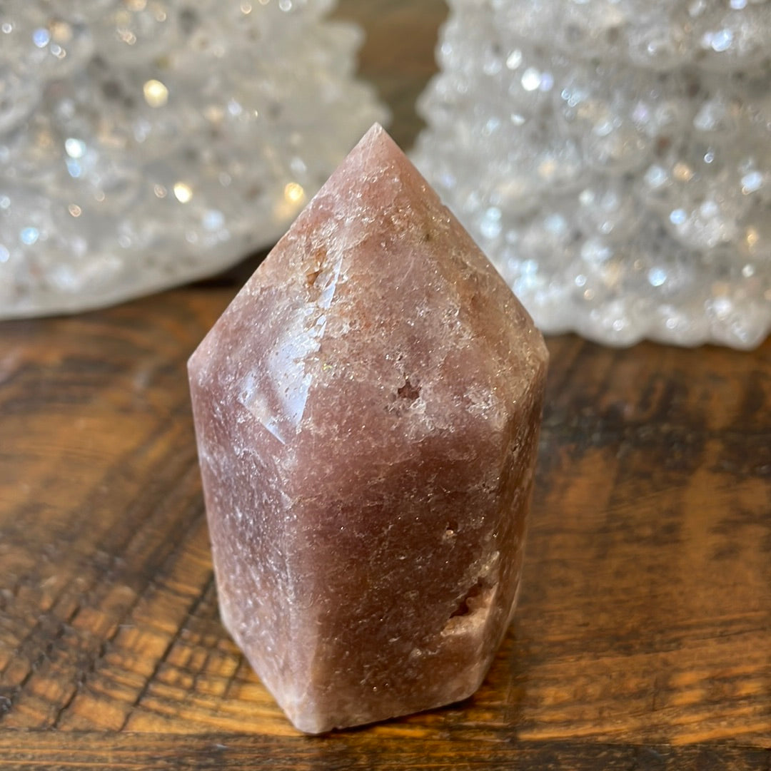 Pink Amethyst druzy tower, showcasing delicate crystalline formations in a soothing hue for a truly enchanting natural beauty.
