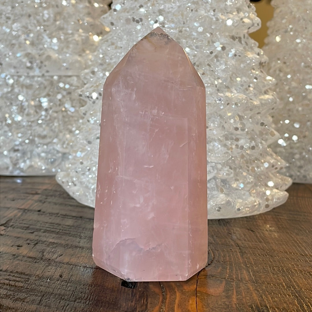 Elegant Rose Quartz tower, featuring soft pink tones and a graceful crystal formation for a serene and enchanting aesthetic