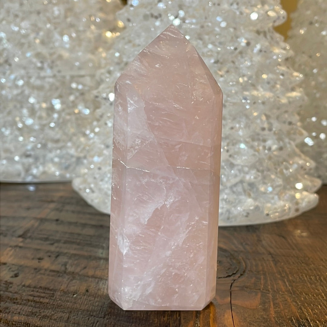 Elegant Rose Quartz tower, featuring soft pink tones and a graceful crystal formation for a serene and enchanting aesthetic