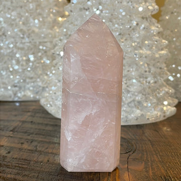 Elegant Rose Quartz tower, featuring soft pink tones and a graceful crystal formation for a serene and enchanting aesthetic