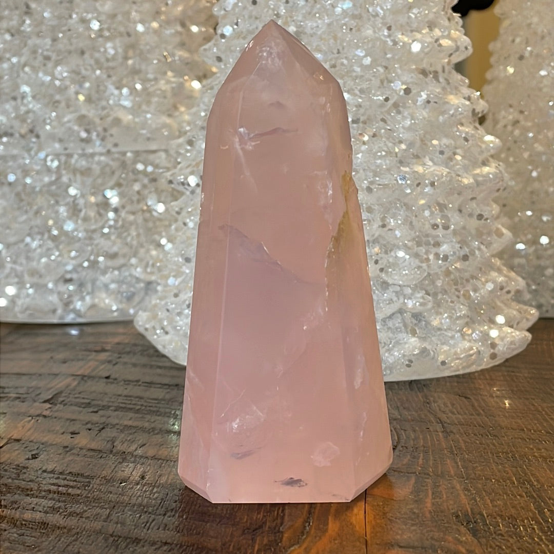 Elegant Rose Quartz tower, featuring soft pink tones and a graceful crystal formation for a serene and enchanting aesthetic