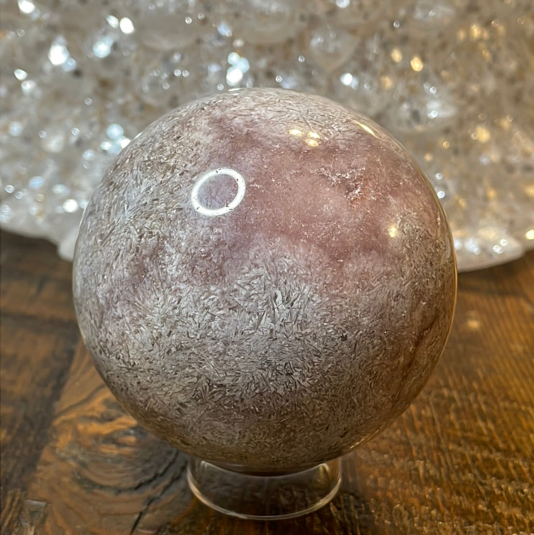 Pink Amethyst Druzy Sphere, a radiant and enchanting crystal ball showcasing delicate crystalline formations in soothing pink tones.