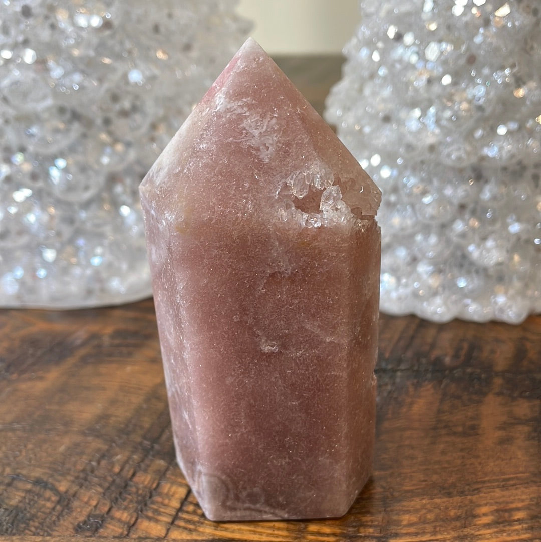Pink Amethyst druzy tower, showcasing delicate crystalline formations in a soothing hue for a truly enchanting natural beauty.