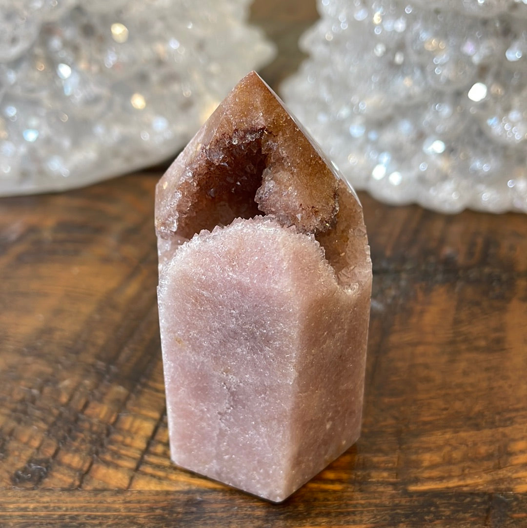 Pink Amethyst druzy tower, showcasing delicate crystalline formations in a soothing hue for a truly enchanting natural beauty.