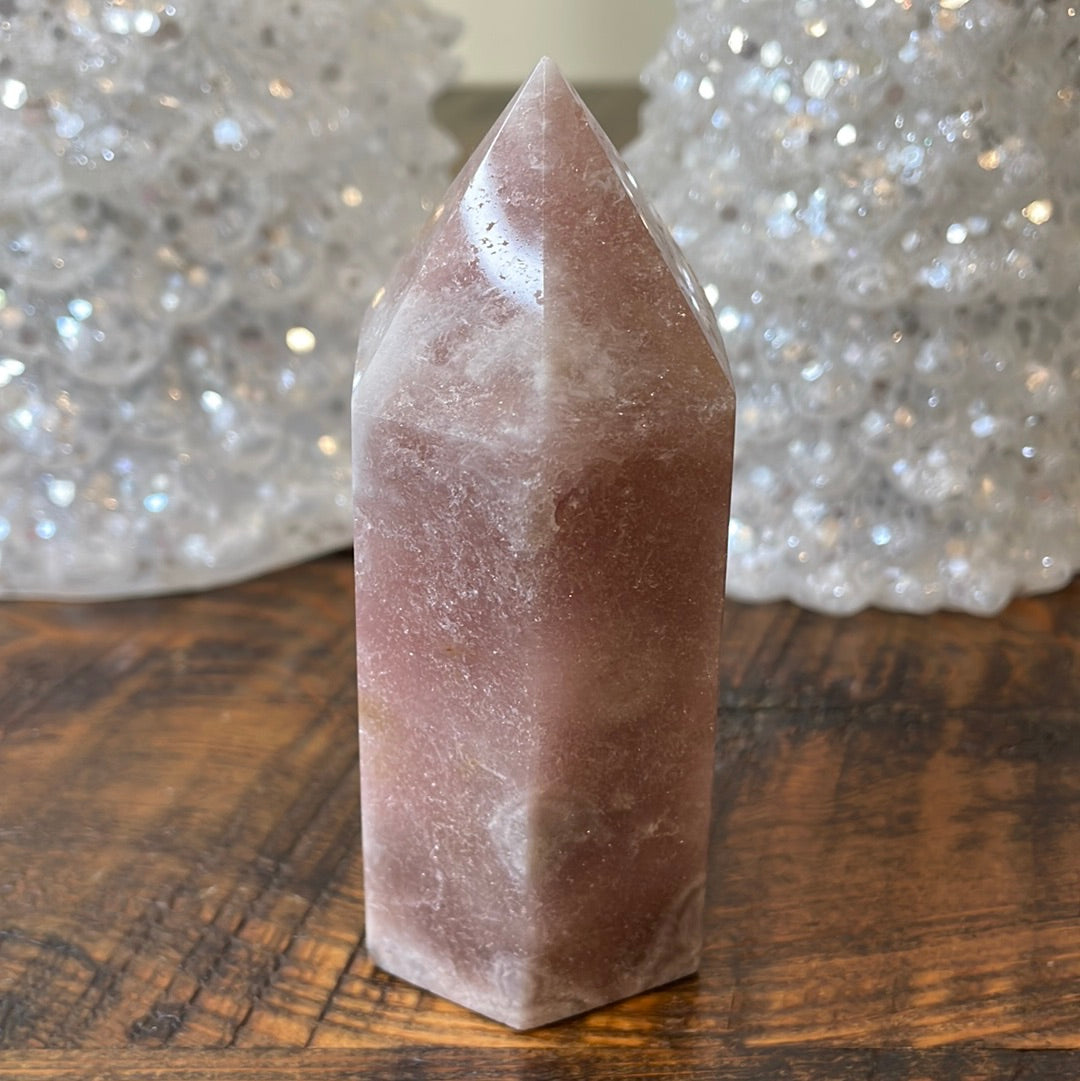 Pink Amethyst druzy tower, showcasing delicate crystalline formations in a soothing hue for a truly enchanting natural beauty.