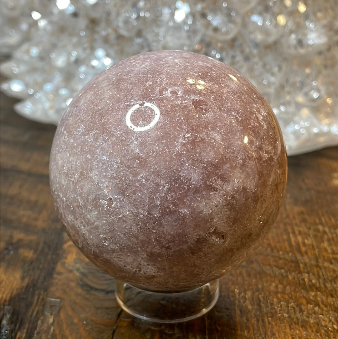 Pink Amethyst Druzy Sphere, a radiant and enchanting crystal ball showcasing delicate crystalline formations in soothing pink tones.
