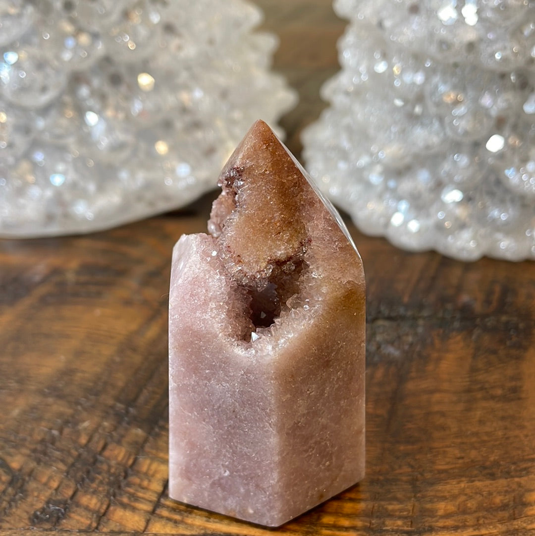 Pink Amethyst druzy tower, showcasing delicate crystalline formations in a soothing hue for a truly enchanting natural beauty.