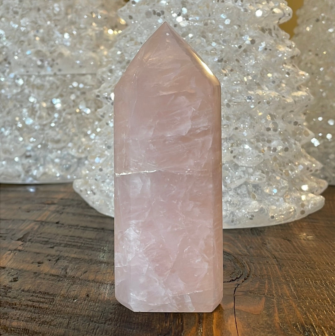 Elegant Rose Quartz tower, featuring soft pink tones and a graceful crystal formation for a serene and enchanting aesthetic