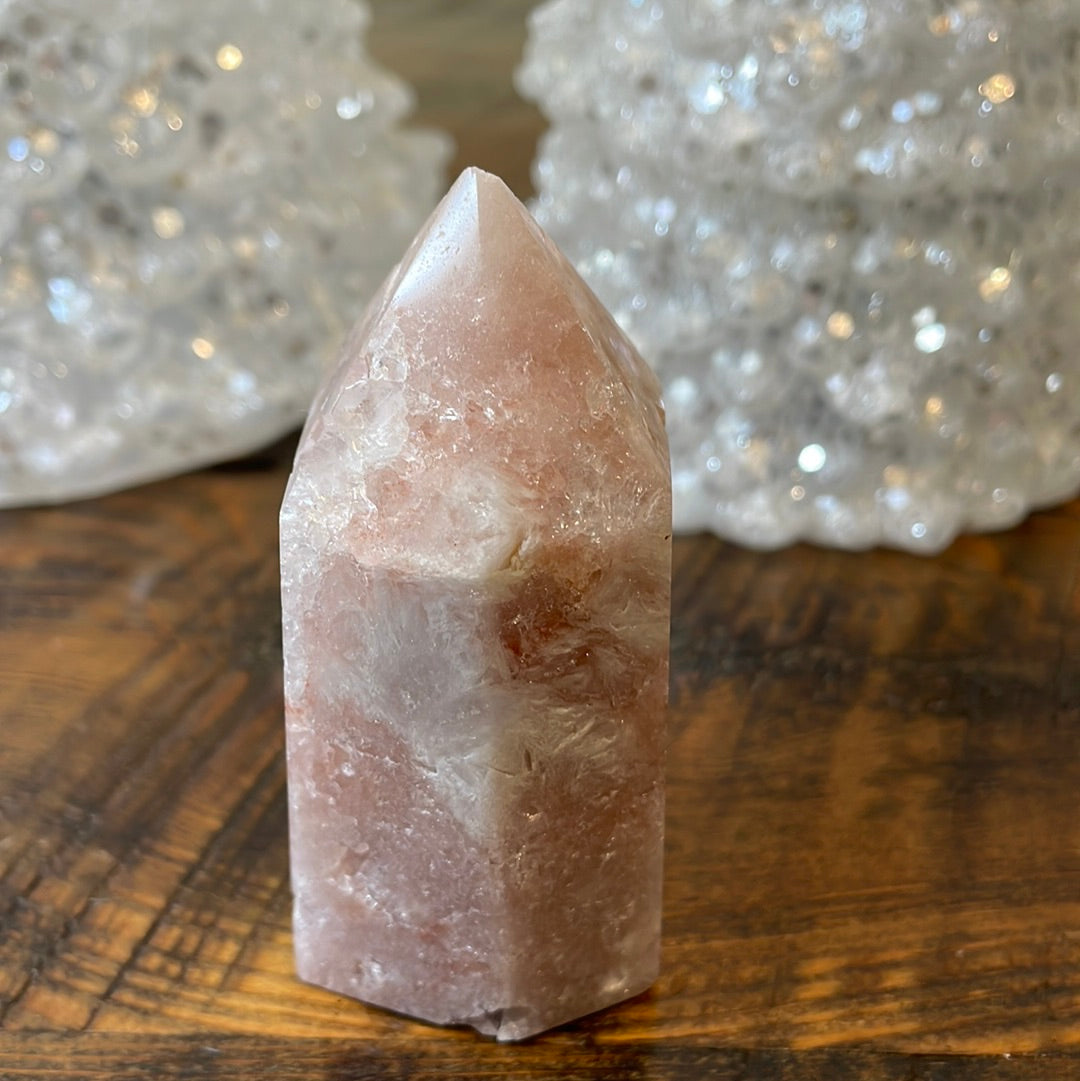 Pink Amethyst druzy tower, showcasing delicate crystalline formations in a soothing hue for a truly enchanting natural beauty.