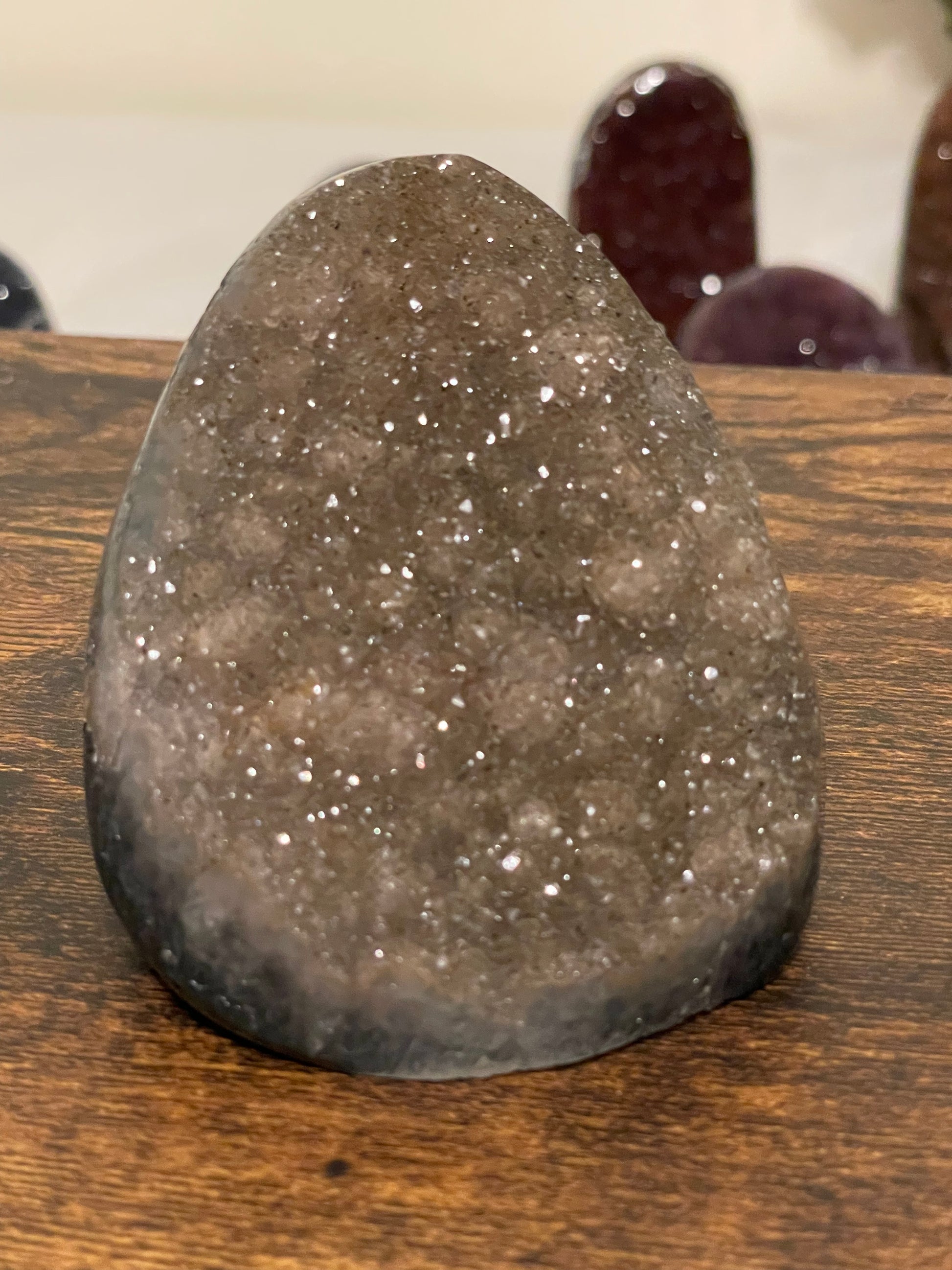 Variants of grey Amethyst with flat base and sugar crystal cut, creating a distinctive and elegant crystal formation