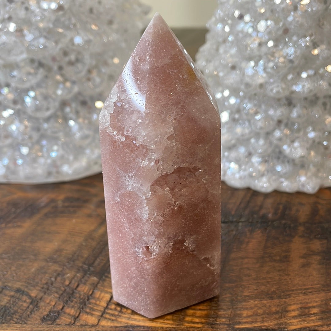 Pink Amethyst druzy tower, showcasing delicate crystalline formations in a soothing hue for a truly enchanting natural beauty.