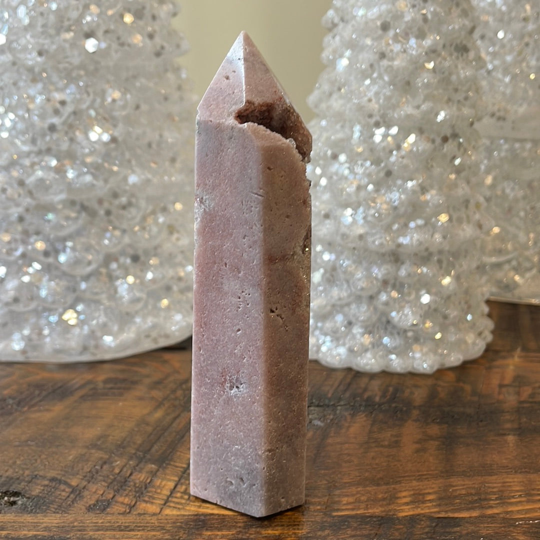 Pink Amethyst druzy tower, showcasing delicate crystalline formations in a soothing hue for a truly enchanting natural beauty.