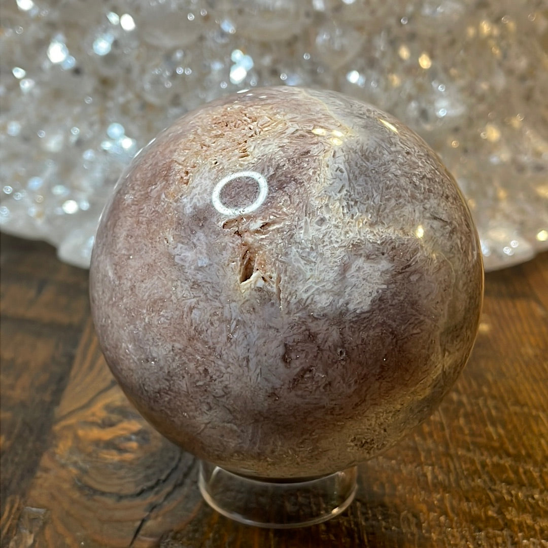 Pink Amethyst Druzy Sphere, a radiant and enchanting crystal ball showcasing delicate crystalline formations in soothing pink tones.