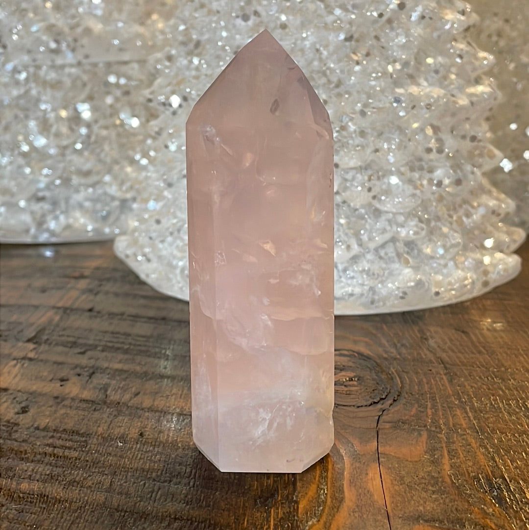 Elegant Rose Quartz tower, featuring soft pink tones and a graceful crystal formation for a serene and enchanting aesthetic