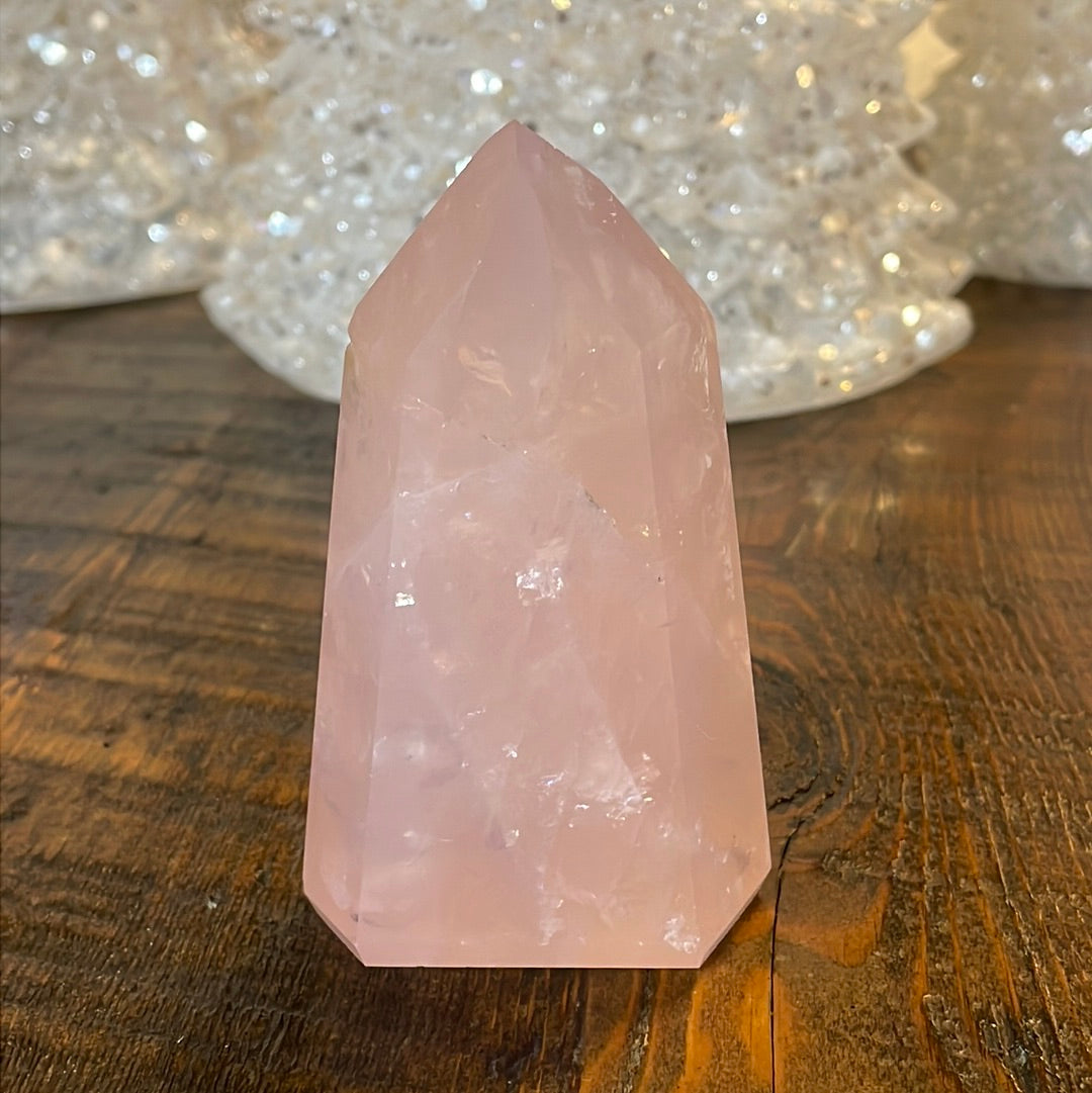 Elegant Rose Quartz tower, featuring soft pink tones and a graceful crystal formation for a serene and enchanting aesthetic