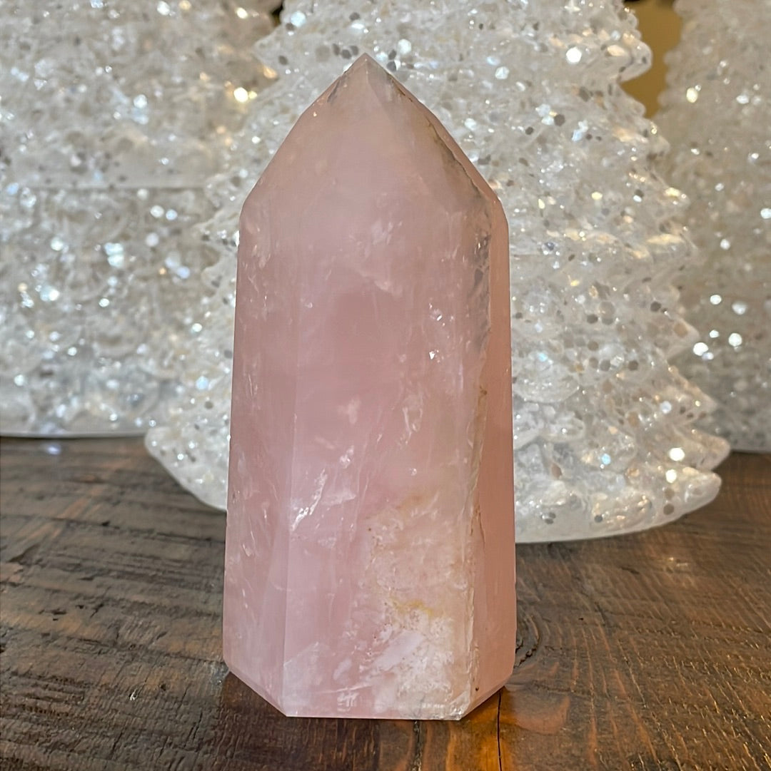 Elegant Rose Quartz tower, featuring soft pink tones and a graceful crystal formation for a serene and enchanting aesthetic