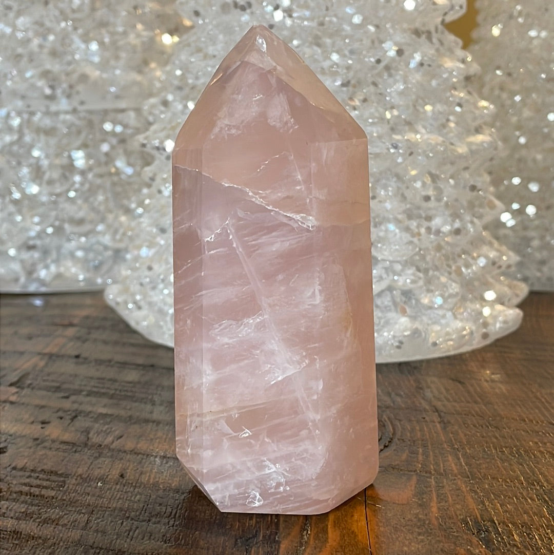 Elegant Rose Quartz tower, featuring soft pink tones and a graceful crystal formation for a serene and enchanting aesthetic