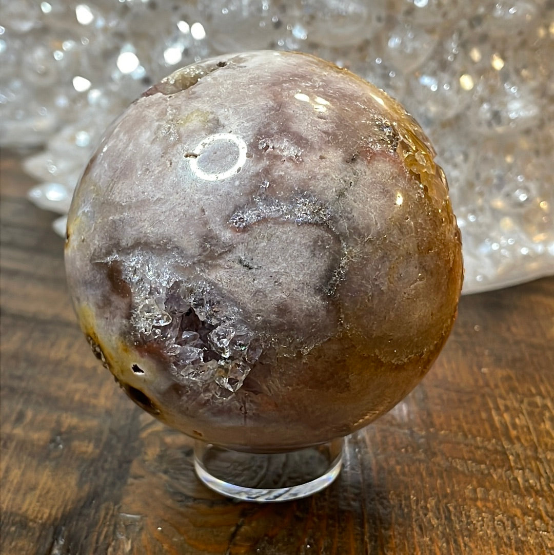 Pink Amethyst Druzy Sphere, a radiant and enchanting crystal ball showcasing delicate crystalline formations in soothing pink tones.