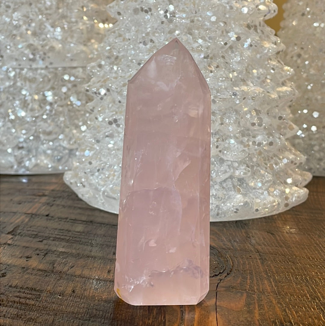 Elegant Rose Quartz tower, featuring soft pink tones and a graceful crystal formation for a serene and enchanting aesthetic