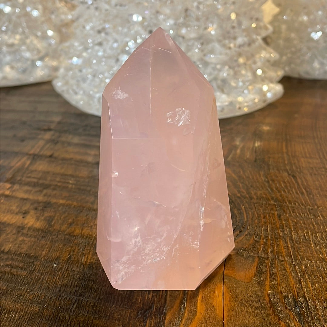 Elegant Rose Quartz tower, featuring soft pink tones and a graceful crystal formation for a serene and enchanting aesthetic