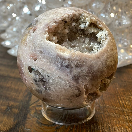 Pink Amethyst Druzy Sphere, a radiant and enchanting crystal ball showcasing delicate crystalline formations in soothing pink tones.