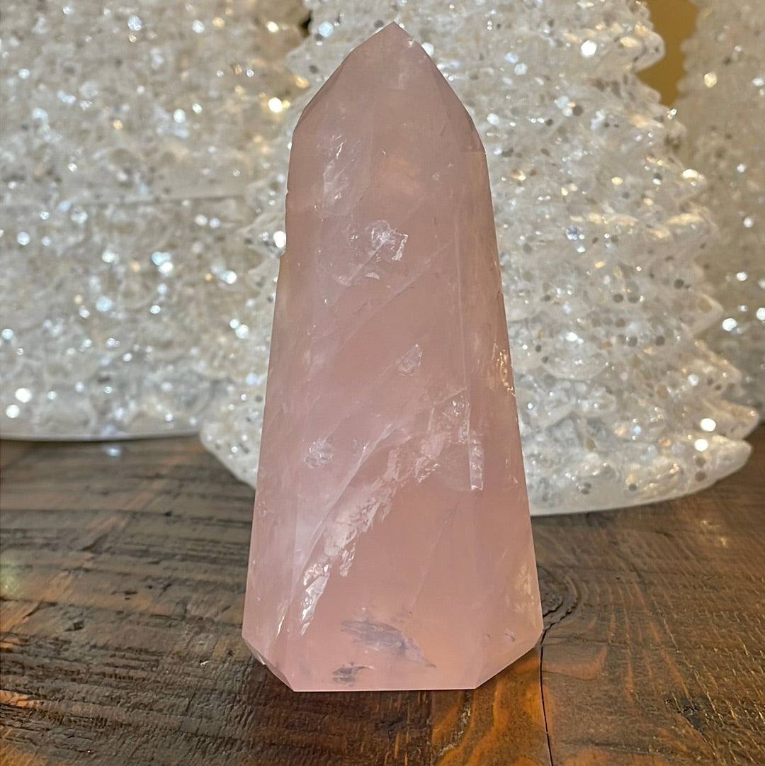 Elegant Rose Quartz tower, featuring soft pink tones and a graceful crystal formation for a serene and enchanting aesthetic