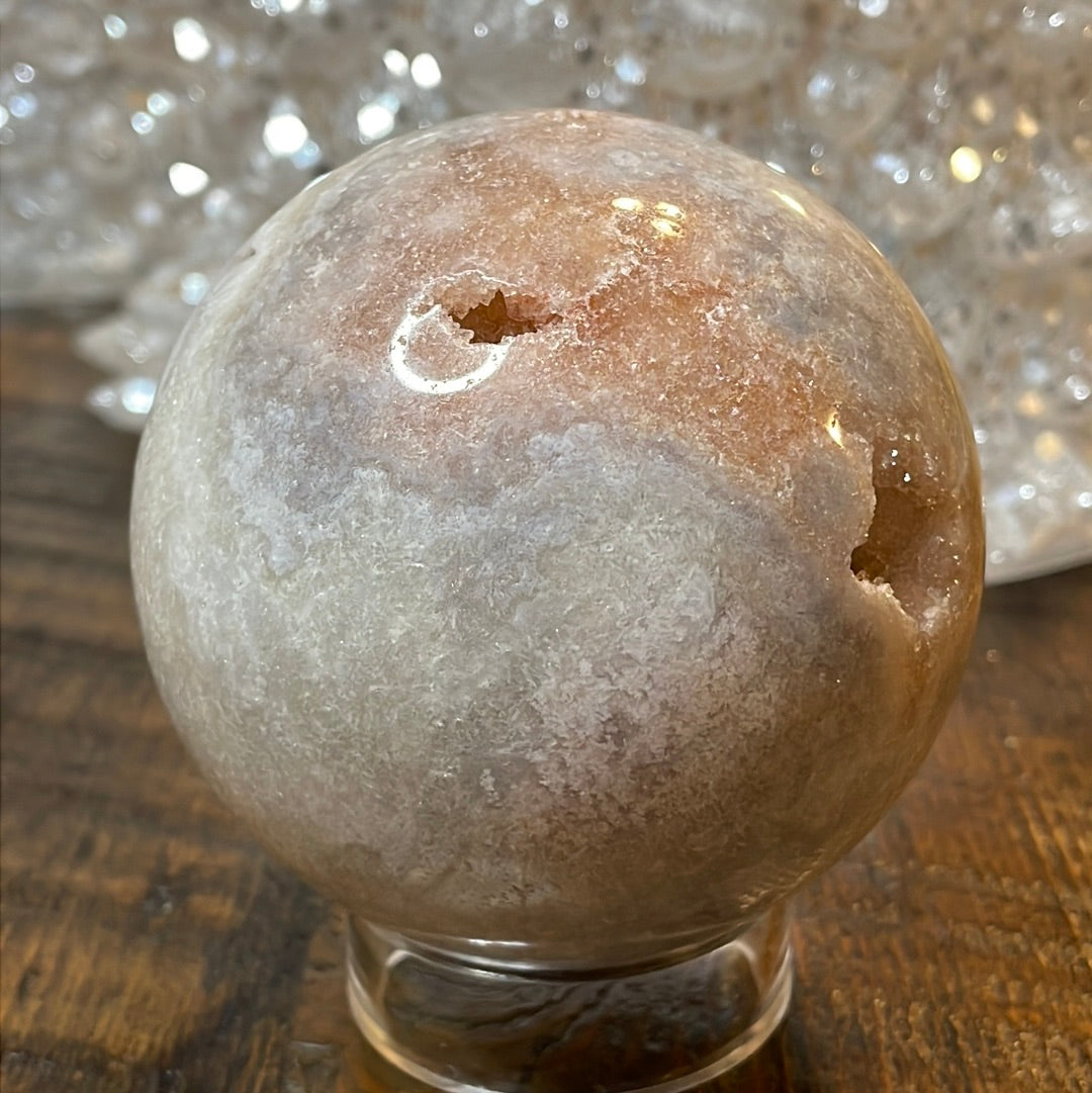 Pink Amethyst Druzy Sphere, a radiant and enchanting crystal ball showcasing delicate crystalline formations in soothing pink tones.