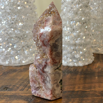 Pink Amethyst druzy tower, showcasing delicate crystalline formations in a soothing hue for a truly enchanting natural beauty.