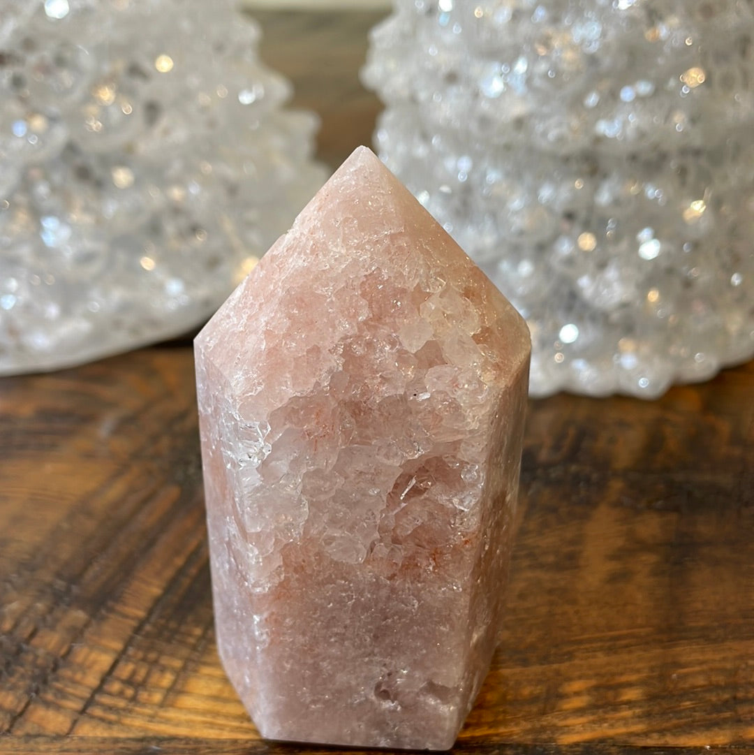 Pink Amethyst druzy tower, showcasing delicate crystalline formations in a soothing hue for a truly enchanting natural beauty.