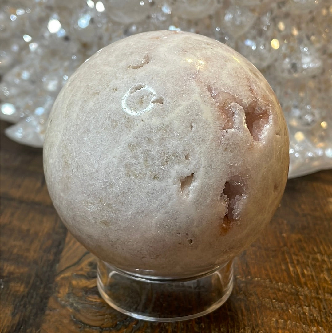 Pink Amethyst Druzy Sphere, a radiant and enchanting crystal ball showcasing delicate crystalline formations in soothing pink tones.