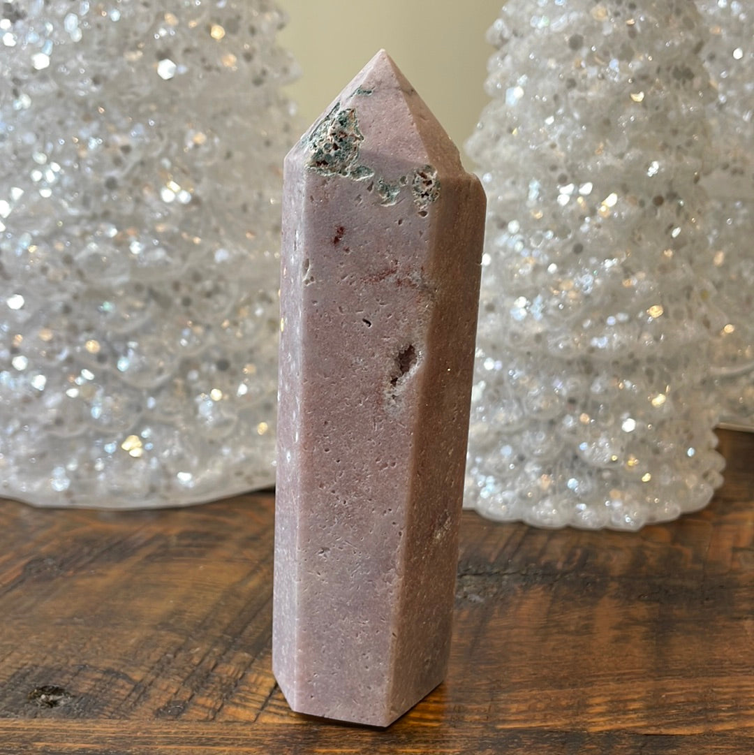 Pink Amethyst druzy tower, showcasing delicate crystalline formations in a soothing hue for a truly enchanting natural beauty.