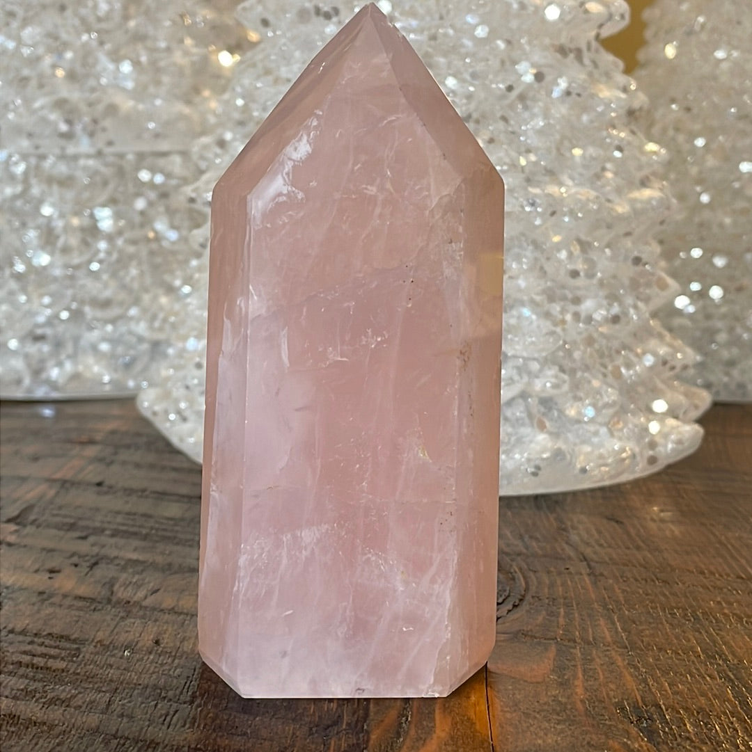 Elegant Rose Quartz tower, featuring soft pink tones and a graceful crystal formation for a serene and enchanting aesthetic