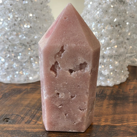 Pink Amethyst druzy tower, showcasing delicate crystalline formations in a soothing hue for a truly enchanting natural beauty.