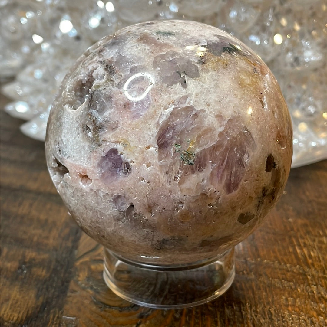 Pink Amethyst Druzy Sphere, a radiant and enchanting crystal ball showcasing delicate crystalline formations in soothing pink tones.
