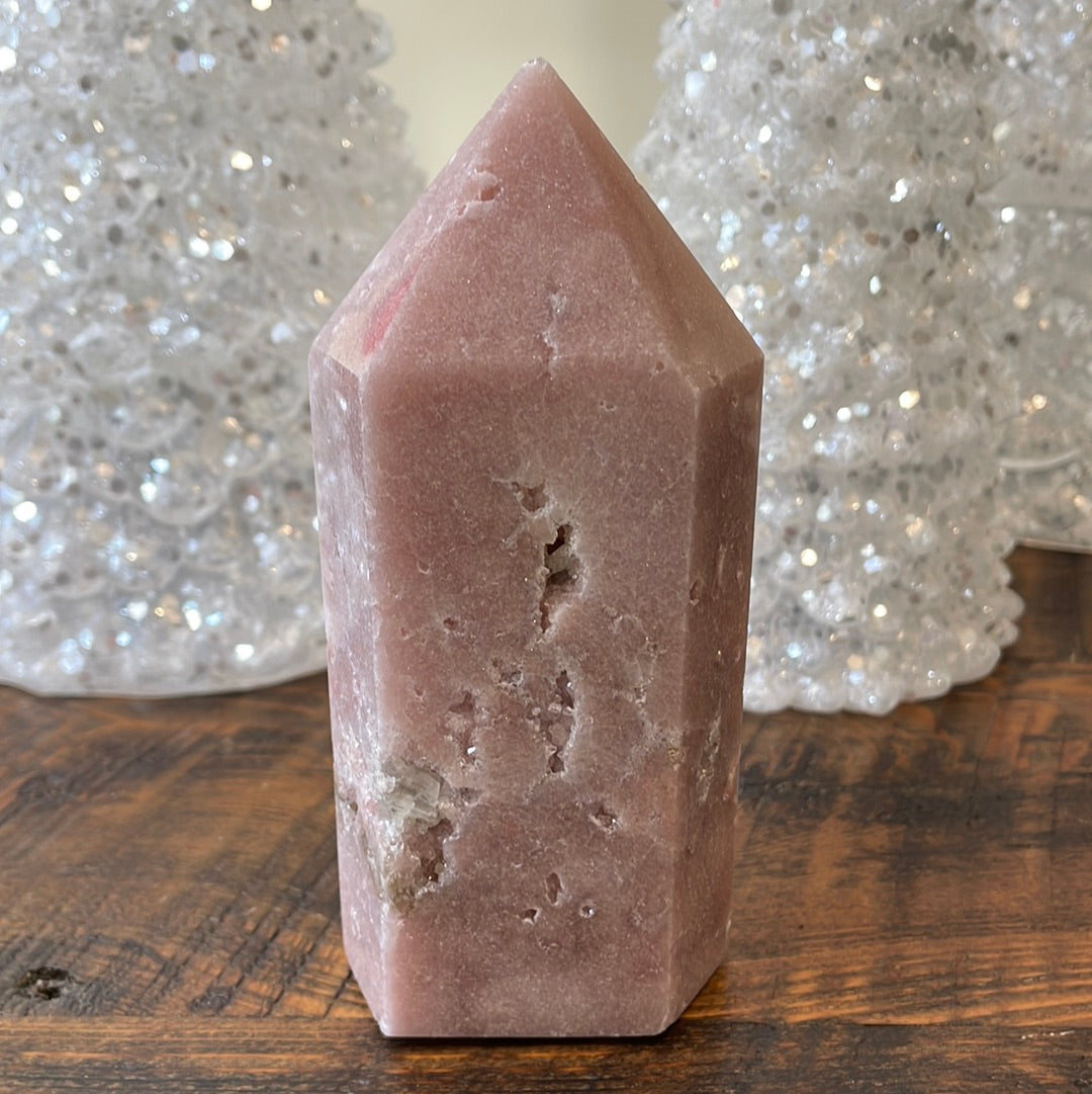 Pink Amethyst druzy tower, showcasing delicate crystalline formations in a soothing hue for a truly enchanting natural beauty.