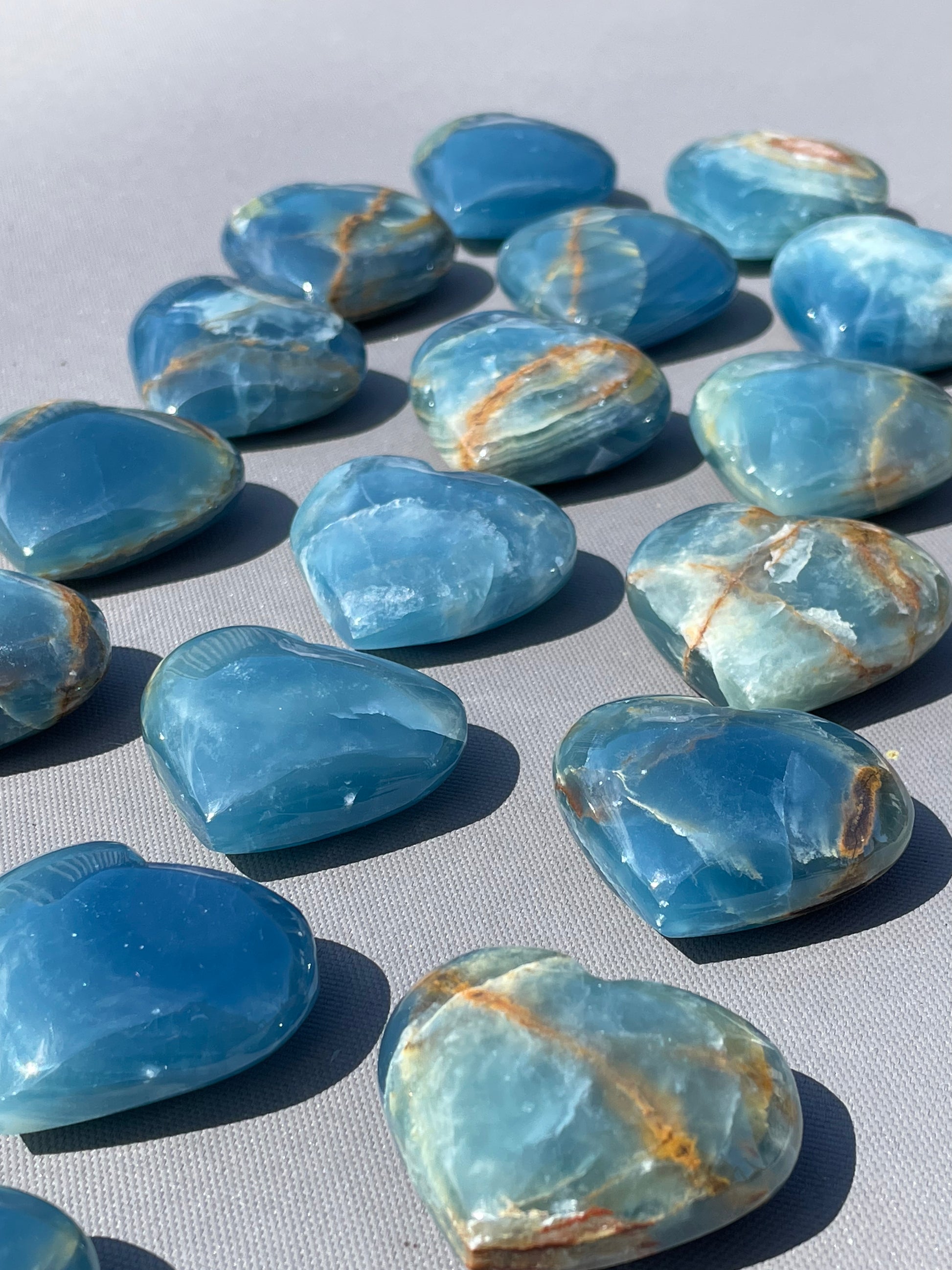 Lemurian Calcite gemstones - hearts, moons, frogs - smooth, pastel hues