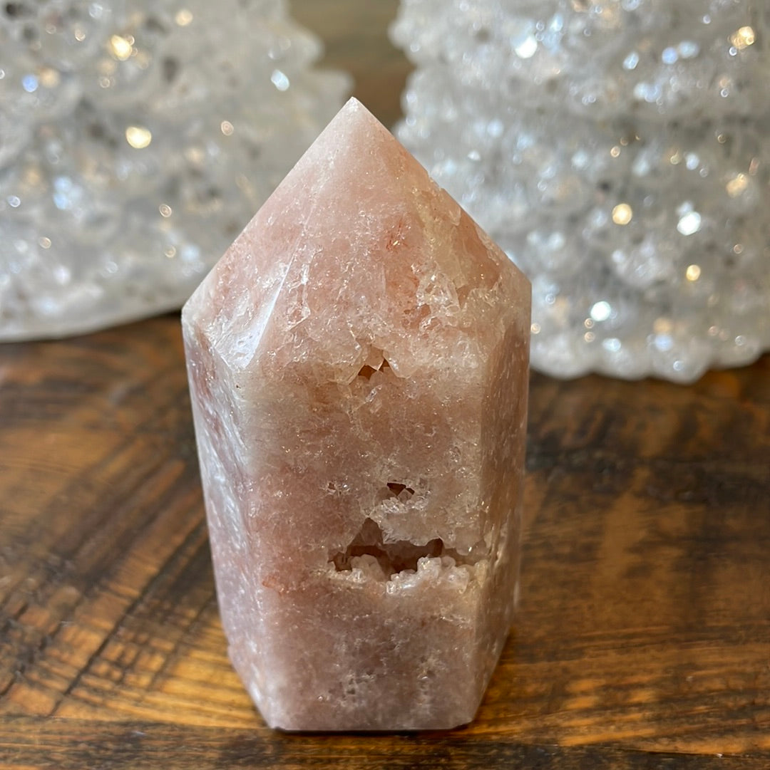 Pink Amethyst druzy tower, showcasing delicate crystalline formations in a soothing hue for a truly enchanting natural beauty.