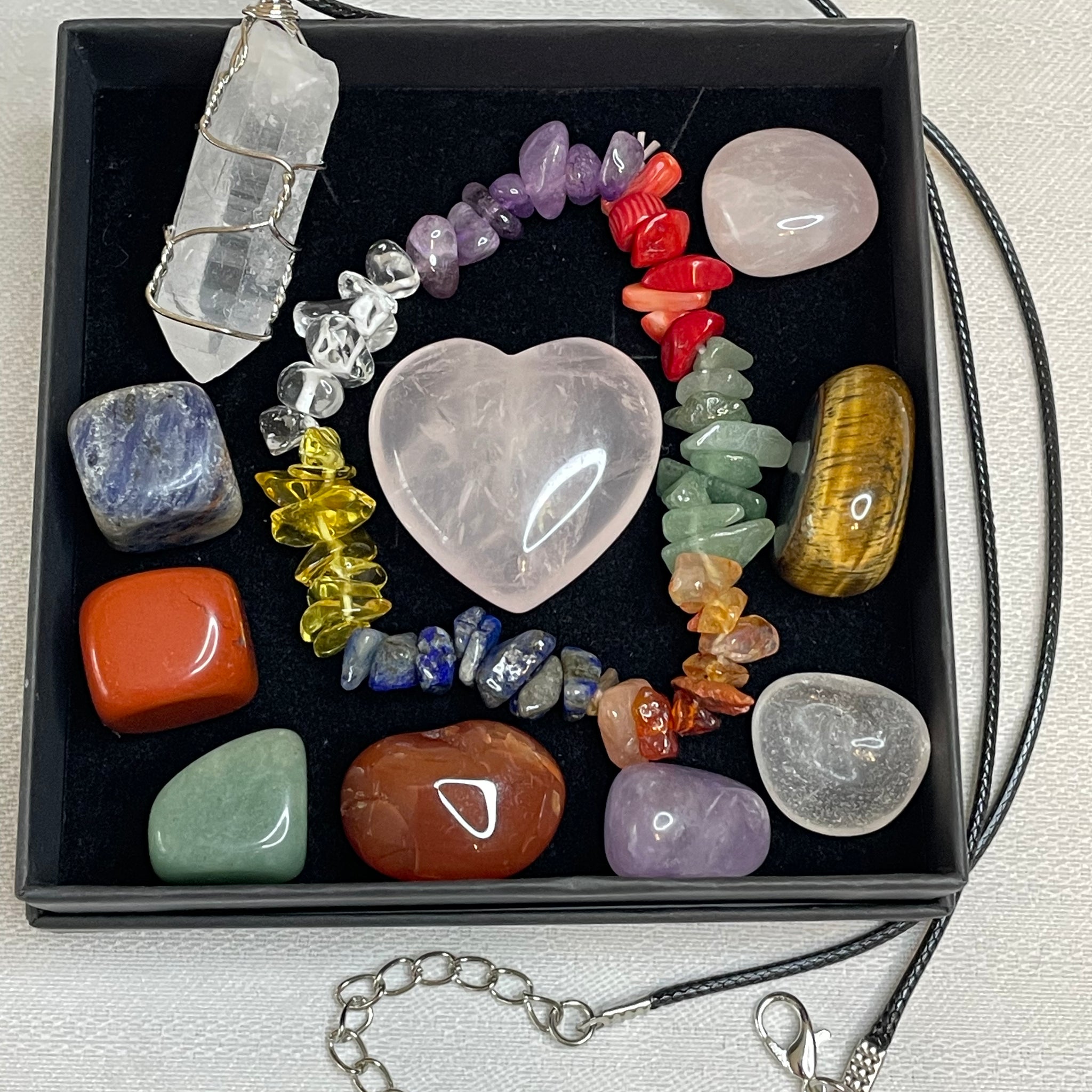 Chakra sets- a harmonious collection of crystals in vibrant colors, aligning with the body's energy centers to promote balance and well-being.