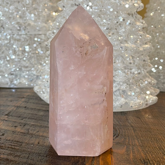Elegant Rose Quartz tower, featuring soft pink tones and a graceful crystal formation for a serene and enchanting aesthetic