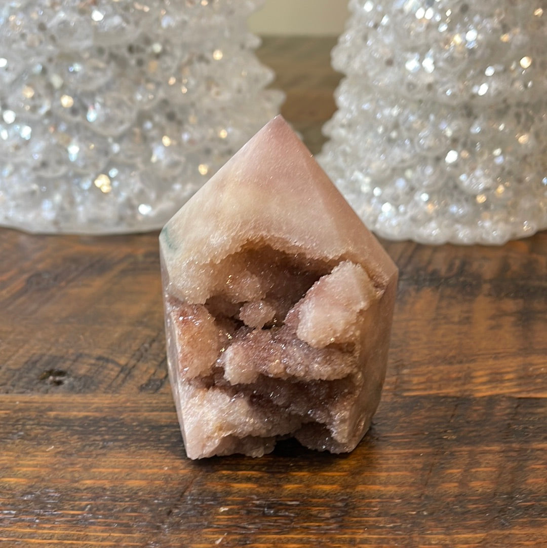 Pink Amethyst druzy tower, showcasing delicate crystalline formations in a soothing hue for a truly enchanting natural beauty.
