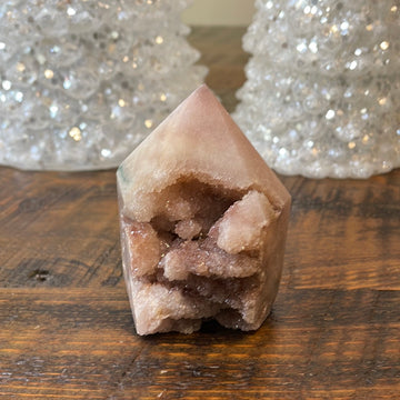 Pink Amethyst druzy tower, showcasing delicate crystalline formations in a soothing hue for a truly enchanting natural beauty.