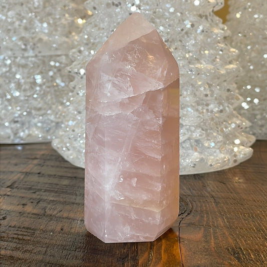 Elegant Rose Quartz tower, featuring soft pink tones and a graceful crystal formation for a serene and enchanting aesthetic
