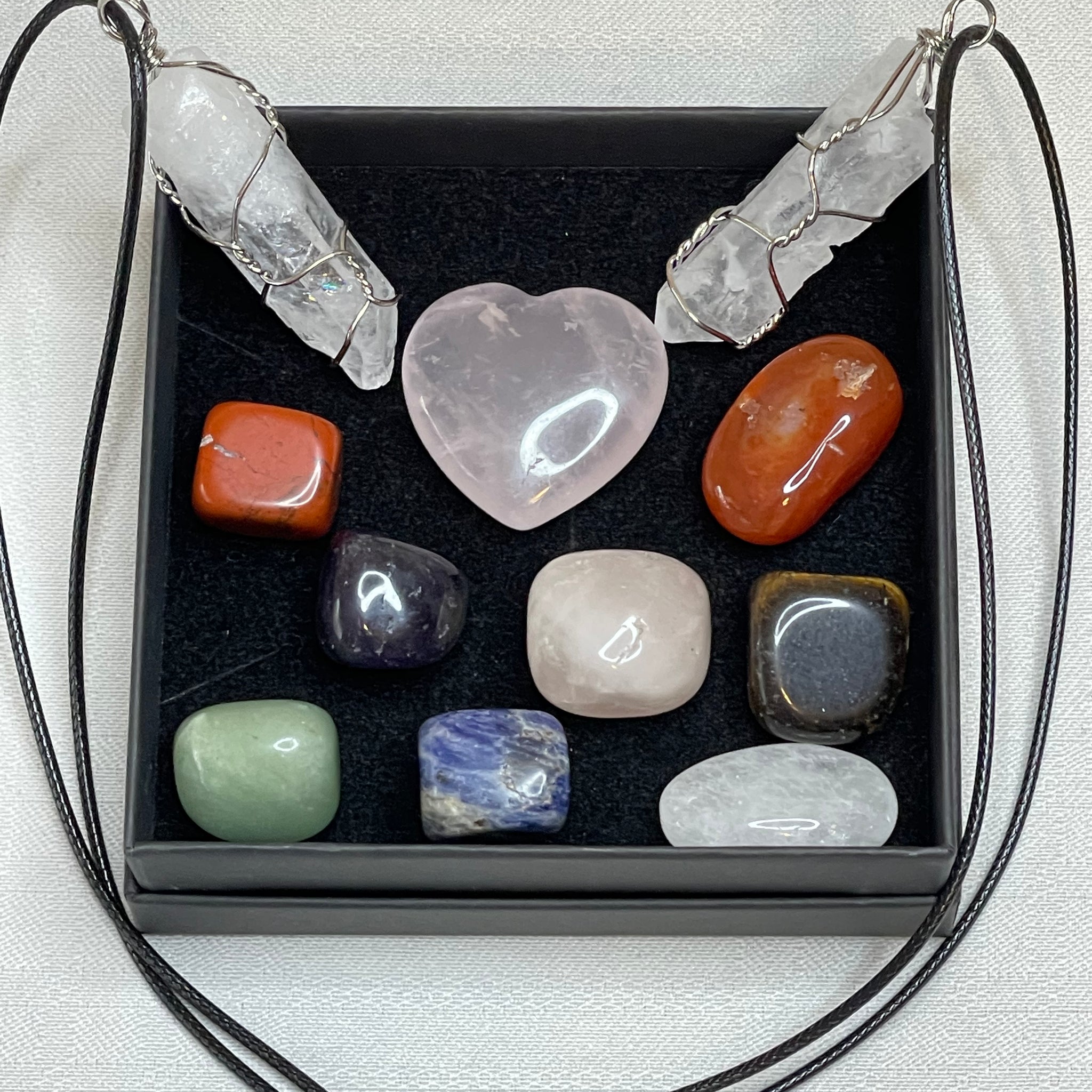 Chakra sets- a harmonious collection of crystals in vibrant colors, aligning with the body's energy centers to promote balance and well-being.