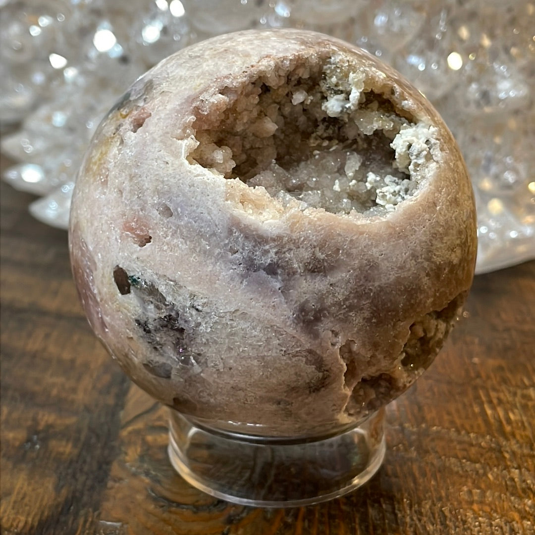 Pink Amethyst Druzy Sphere, a radiant and enchanting crystal ball showcasing delicate crystalline formations in soothing pink tones. 