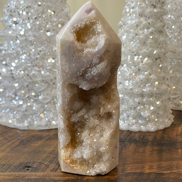 Pink Amethyst druzy tower, showcasing delicate crystalline formations in a soothing hue for a truly enchanting natural beauty.