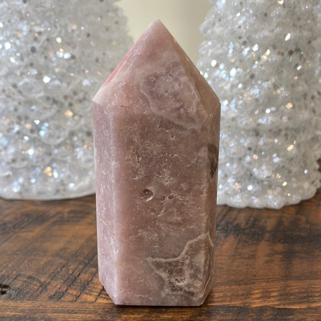 Pink Amethyst druzy tower, showcasing delicate crystalline formations in a soothing hue for a truly enchanting natural beauty.